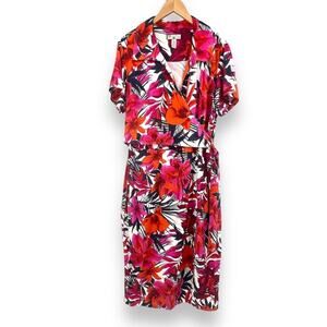 Caribbean Joe pink floral lillies faux wrap side tie short sleeve tropical dress